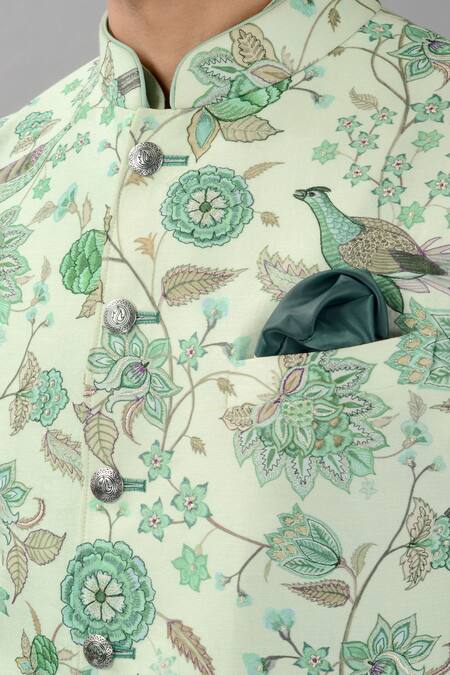 Buy_Siddhesh Chauhan_Green Silk Embroidery Mughal Floral Bundi_Online_at_Aza_Fashions