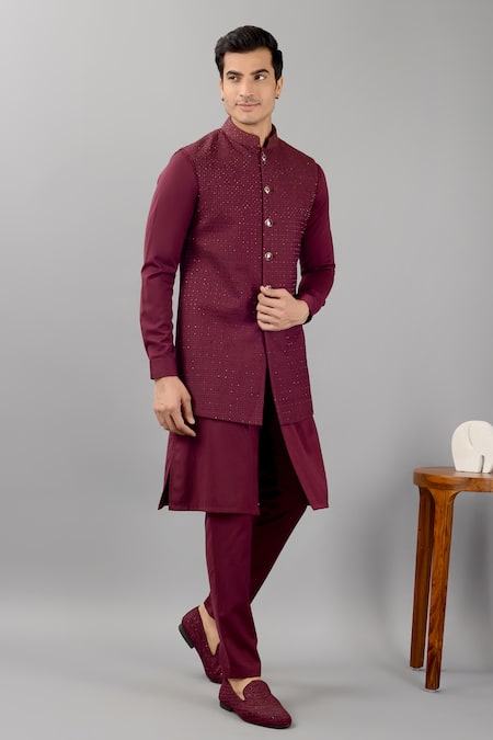 Buy_Siddhesh Chauhan_Wine Terrycloth Embroidery Star Thread Bundi_Online_at_Aza_Fashions