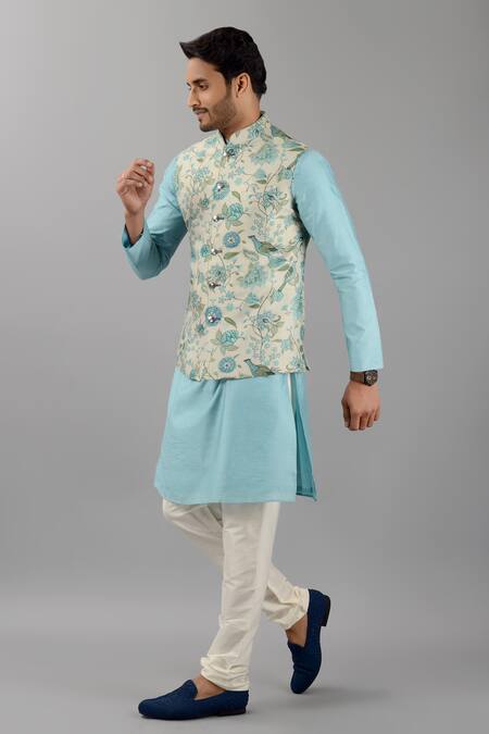 Siddhesh Chauhan_Gray Silk Embroidery Floral Mughal Print Bundi_Online_at_Aza_Fashions