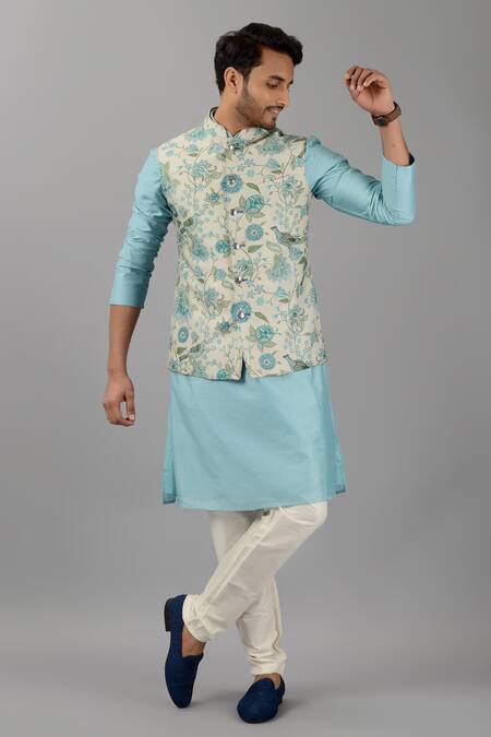 Buy_Siddhesh Chauhan_Gray Silk Embroidery Floral Mughal Print Bundi_Online_at_Aza_Fashions