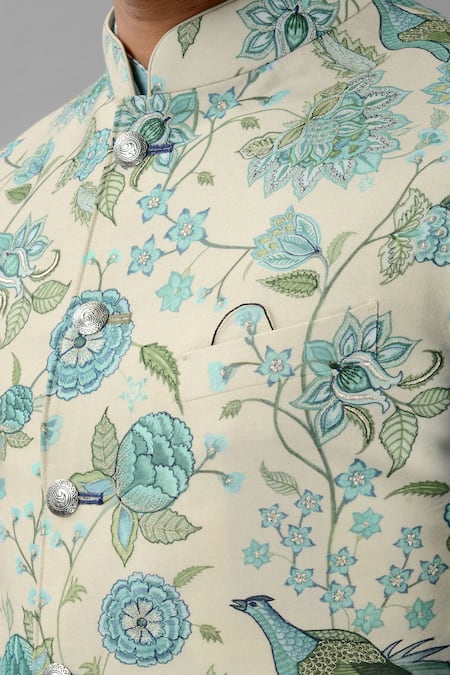 Shop_Siddhesh Chauhan_Gray Silk Embroidery Floral Mughal Print Bundi_Online_at_Aza_Fashions