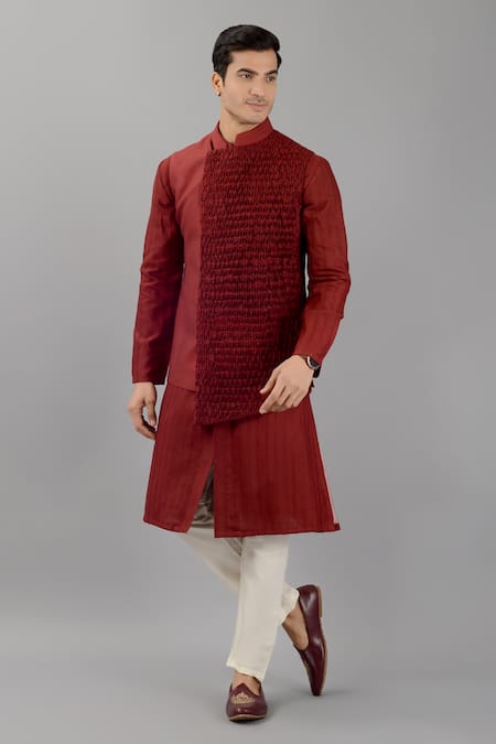 Siddhesh Chauhan_Maroon Silk Embroidery Smocked Panel Bundi_Online_at_Aza_Fashions
