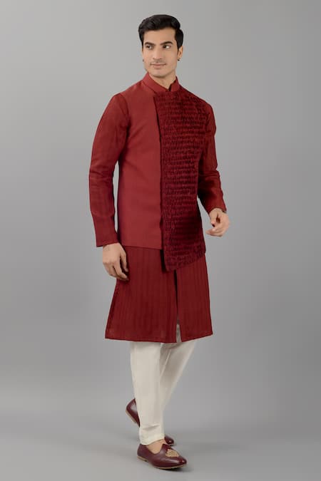 Buy_Siddhesh Chauhan_Maroon Silk Embroidery Smocked Panel Bundi_Online_at_Aza_Fashions