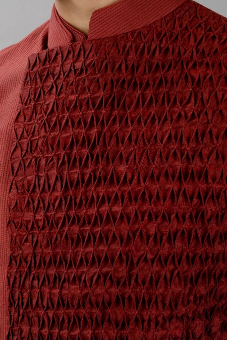 Shop_Siddhesh Chauhan_Maroon Silk Embroidery Smocked Panel Bundi_Online_at_Aza_Fashions