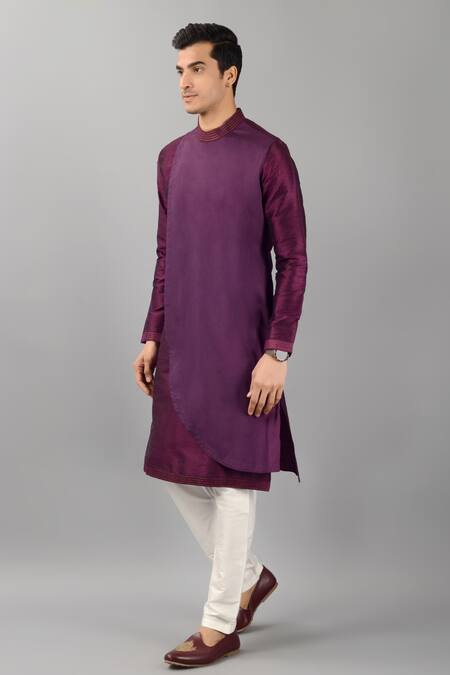 Siddhesh Chauhan Purple Silk, Cotton Overlap Curved Panel Kurta With Pant Online at Aza Fashions Siddhesh Chauhan_Purple Silk, Cotton Overlap Curved Panel Kurta With Pant_Online_at_Aza_Fashions