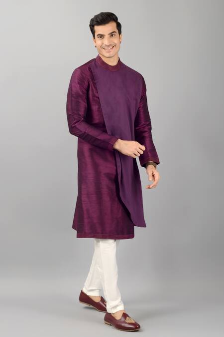 Buy Siddhesh Chauhan Purple Silk, Cotton Overlap Curved Panel Kurta With Pant Online at Aza Fashions Buy_Siddhesh Chauhan_Purple Silk, Cotton Overlap Curved Panel Kurta With Pant_Online_at_Aza_Fashions