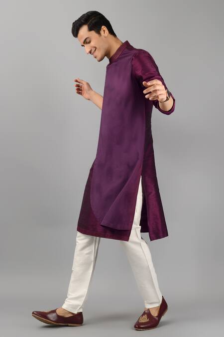 Shop Siddhesh Chauhan Purple Silk, Cotton Overlap Curved Panel Kurta With Pant Online at Aza Fashions Shop_Siddhesh Chauhan_Purple Silk, Cotton Overlap Curved Panel Kurta With Pant_Online_at_Aza_Fashions