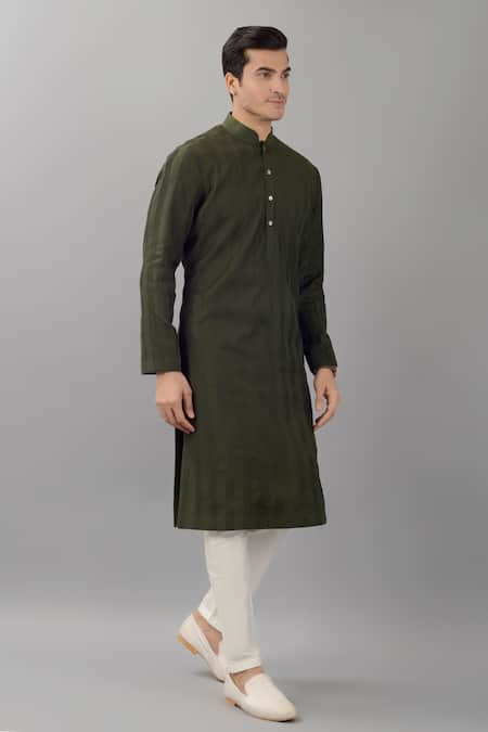 Siddhesh Chauhan_Green Silk, Cotton Embroidery Pintuck Kurta With Pant_Online_at_Aza_Fashions
