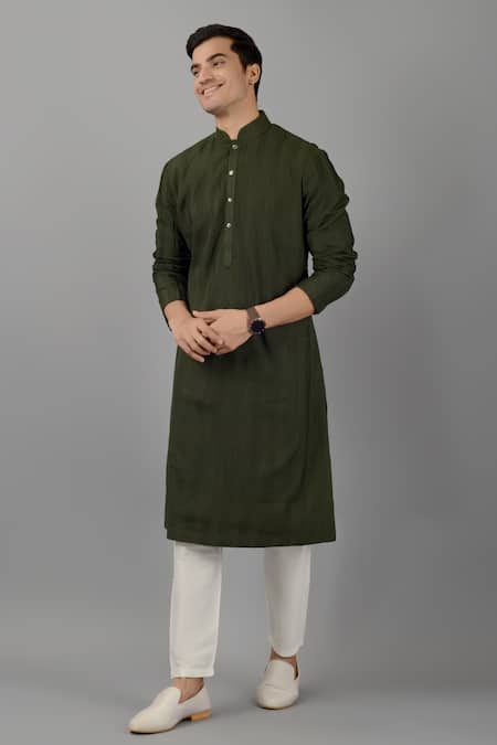 Buy_Siddhesh Chauhan_Green Silk, Cotton Embroidery Pintuck Kurta With Pant_Online_at_Aza_Fashions