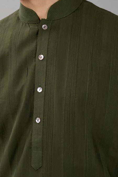 Shop_Siddhesh Chauhan_Green Silk, Cotton Embroidery Pintuck Kurta With Pant_Online_at_Aza_Fashions