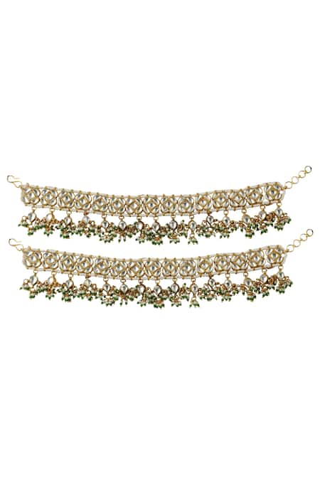 Shop_Riana Jewellery_Gold Plated Jadtar Stone Floral Anklets _at_Aza_Fashions