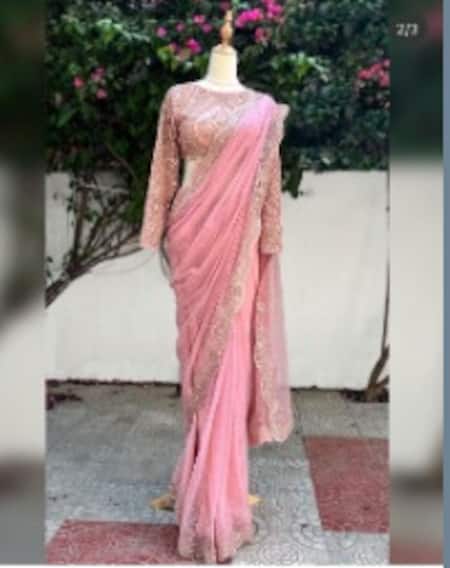 Riantas_Pink Net Sequins, Beads, Embroidery Boat Neck Valentina Saree_Online_at_Aza_Fashions