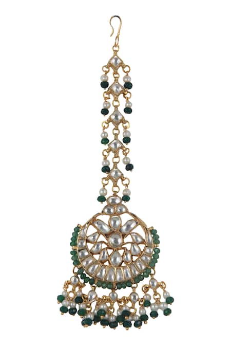 Shop Riana Jewellery Gold Plated Chandbali Drop Maangtikka at Aza Fashions Shop_Riana Jewellery_Gold Plated Chandbali Drop Maangtikka _at_Aza_Fashions