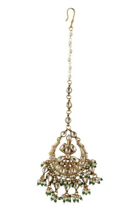 Shop Riana Jewellery Gold Plated Bead Drop Maangtikka at Aza Fashions Shop_Riana Jewellery_Gold Plated Bead Drop Maangtikka _at_Aza_Fashions