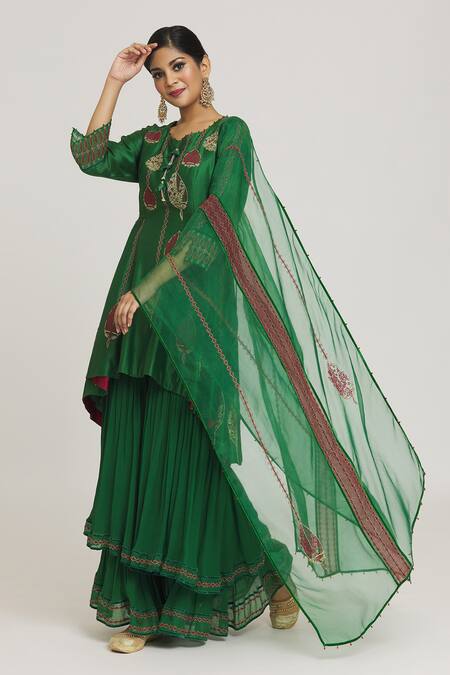 Shop_Sozenkari_Emerald Green Silk, Persian Embellished Asymmetric Anarkali Sharara Set _Online_at_Aza_Fashions