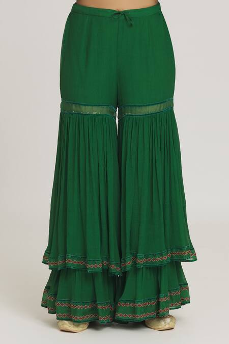 Sozenkari_Emerald Green Silk, Persian Embellished Asymmetric Anarkali Sharara Set _at_Aza_Fashions