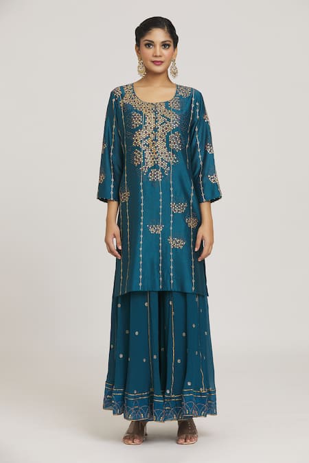Sozenkari_Blue Silk, Chiffon, Organza Beads, Embroidered Dot Pattern Kurta Sharara Set _at_Aza_Fashions