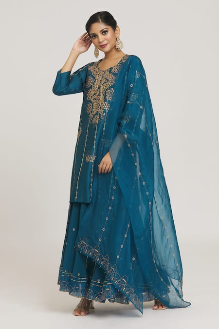 Buy_Sozenkari_Blue Silk, Chiffon, Organza Beads, Embroidered Dot Pattern Kurta Sharara Set _Online_at_Aza_Fashions
