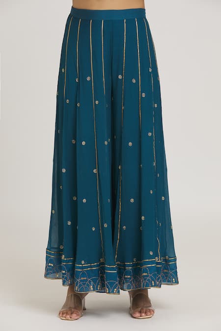 Shop_Sozenkari_Blue Silk, Chiffon, Organza Beads, Embroidered Dot Pattern Kurta Sharara Set _Online_at_Aza_Fashions