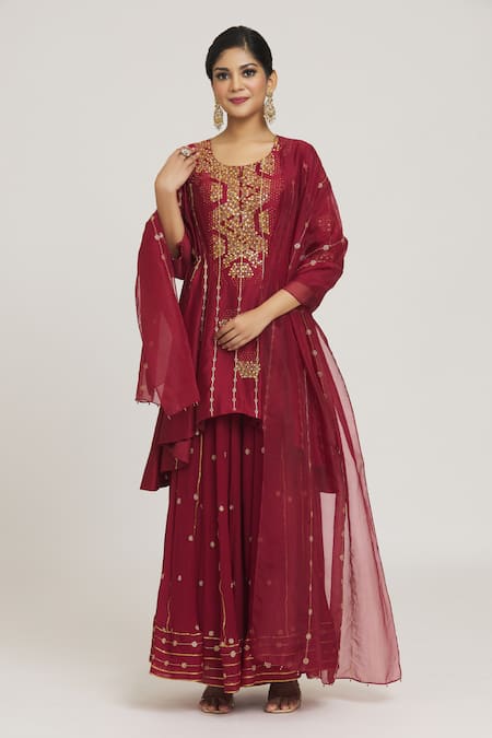 Sozenkari Gota Dot Embroidered Asymmetric Anarkali Sharara Set 