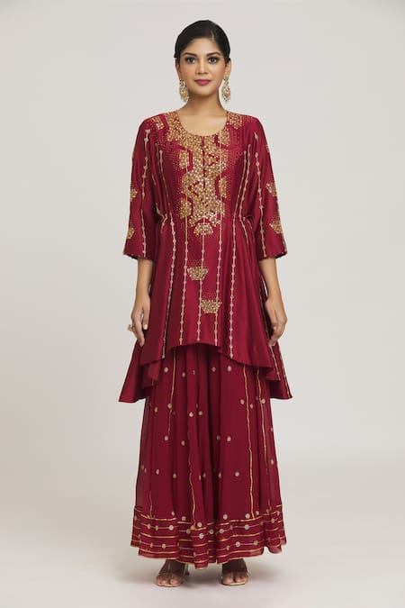 Buy_Sozenkari_Maroon Silk, Organza, Chiffon Dot Embroidered Asymmetric Anarkali Sharara Set _Online_at_Aza_Fashions