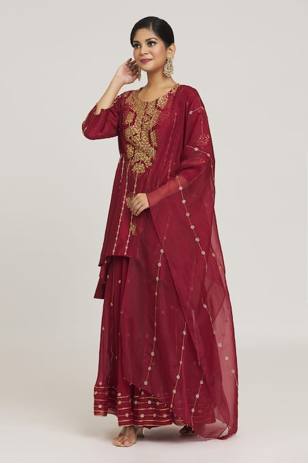 Shop_Sozenkari_Maroon Silk, Organza, Chiffon Dot Embroidered Asymmetric Anarkali Sharara Set _Online_at_Aza_Fashions