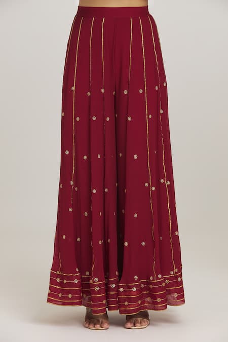 Sozenkari_Maroon Silk, Organza, Chiffon Dot Embroidered Asymmetric Anarkali Sharara Set _at_Aza_Fashions