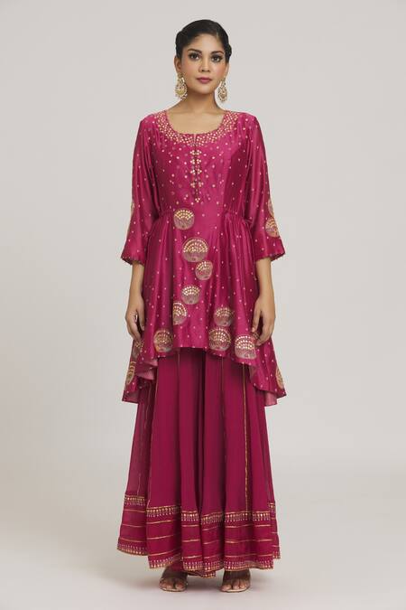 Buy_Sozenkari_Pink , , Embellished Asymmetric Anarkali Sharara Set _Online_at_Aza_Fashions