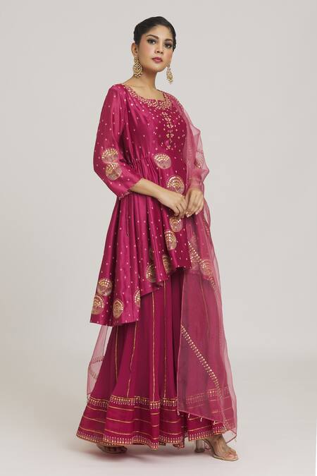 Shop_Sozenkari_Pink , , Embellished Asymmetric Anarkali Sharara Set _Online_at_Aza_Fashions