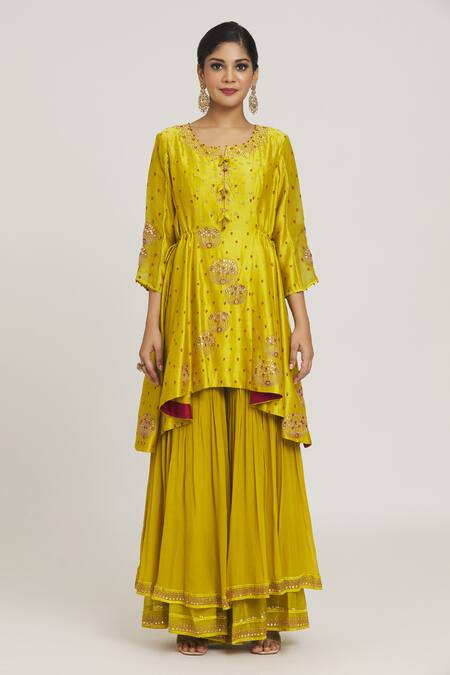 Buy_Sozenkari_Green , , Embroidered Asymmetric Anarkali Sharara Set _Online_at_Aza_Fashions