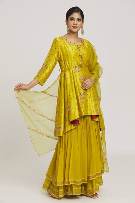 Shop_Sozenkari_Green , , Embroidered Asymmetric Anarkali Sharara Set _Online_at_Aza_Fashions