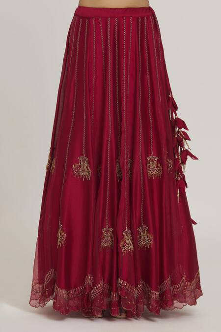 Buy_Sozenkari_Red Silk, Organza Zari, Beads V-neck Chandelier Embroidered Lehenga Set _Online_at_Aza_Fashions