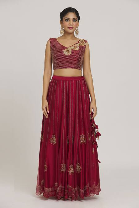 Shop_Sozenkari_Red Silk, Organza Zari, Beads V-neck Chandelier Embroidered Lehenga Set _Online_at_Aza_Fashions