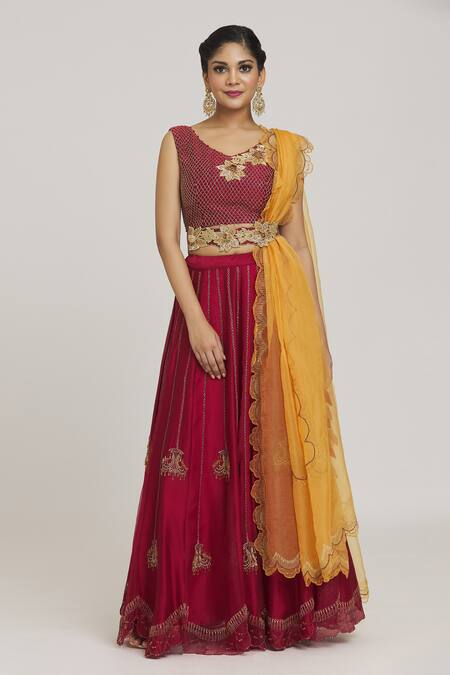 Sozenkari_Red Silk, Organza Zari, Beads V-neck Chandelier Embroidered Lehenga Set _at_Aza_Fashions