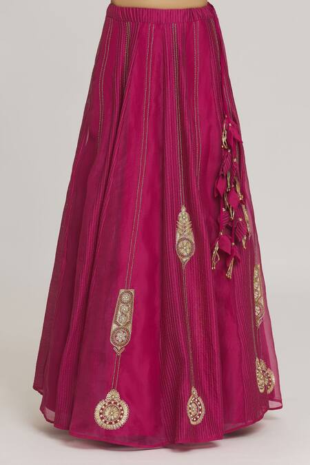 Buy_Sozenkari_Pink Organza, Silk Beads, Pearls, Zari Filigree Embroidered Pattern Lehenga Set _Online_at_Aza_Fashions