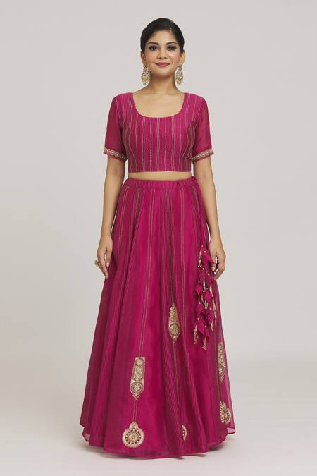 Shop_Sozenkari_Pink Organza, Silk Beads, Pearls, Zari Filigree Embroidered Pattern Lehenga Set _Online_at_Aza_Fashions