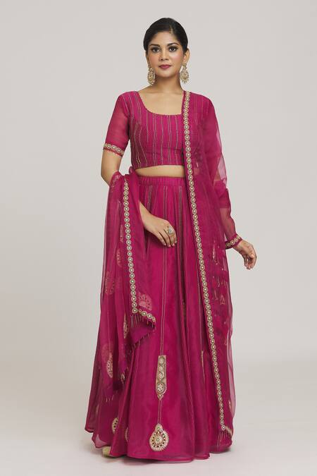 Sozenkari_Pink Organza, Silk Beads, Pearls, Zari Filigree Embroidered Pattern Lehenga Set _at_Aza_Fashions
