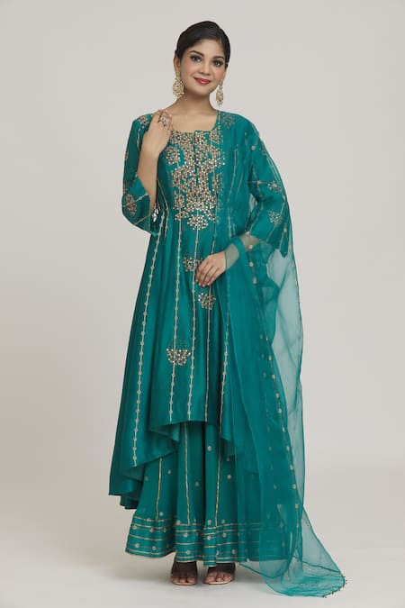 Sozenkari Dot Cluster Embroidered Asymmetric Anarkali Sharara Set 