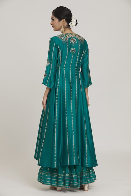 Sozenkari Dot Cluster Embroidered Asymmetric Anarkali Sharara Set 