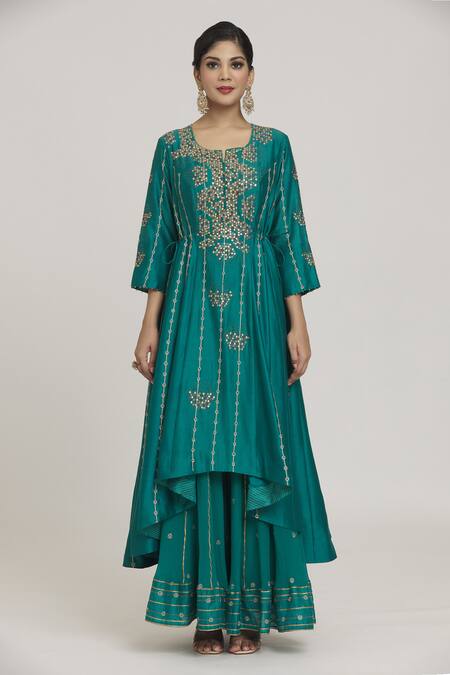 Buy_Sozenkari_Blue Chiffon, Organza, Silk Beads, Dot Cluster Asymmetric Anarkali Sharara Set _Online_at_Aza_Fashions