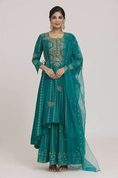 Shop_Sozenkari_Blue Chiffon, Organza, Silk Beads, Dot Cluster Asymmetric Anarkali Sharara Set _Online_at_Aza_Fashions