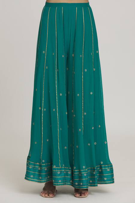 Sozenkari_Blue Chiffon, Organza, Silk Beads, Dot Cluster Asymmetric Anarkali Sharara Set _at_Aza_Fashions
