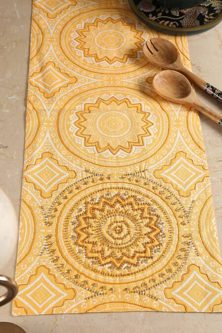 Amoliconcepts_Off White Cotton Embroidery, Embellished Bead Table Runner_Online_at_Aza_Fashions