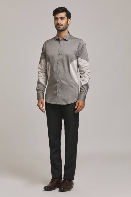 Arihant Rai Sinha_Grey Cotton Circular Patch Shirt_Online_at_Aza_Fashions