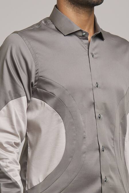 Shop_Arihant Rai Sinha_Grey Cotton Circular Patch Shirt_Online_at_Aza_Fashions