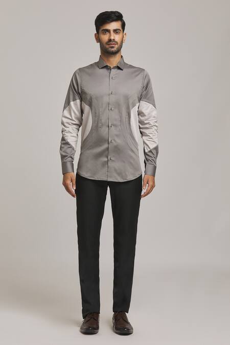 Arihant Rai Sinha_Grey Cotton Circular Patch Shirt_at_Aza_Fashions