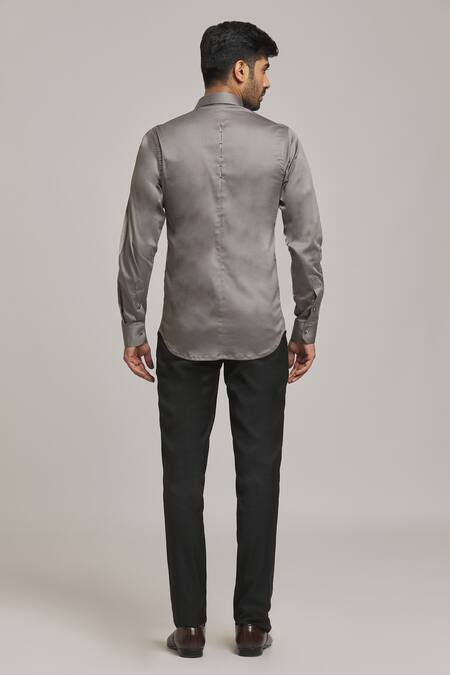 Shop_Arihant Rai Sinha_Grey Cotton Circular Patch Shirt_at_Aza_Fashions