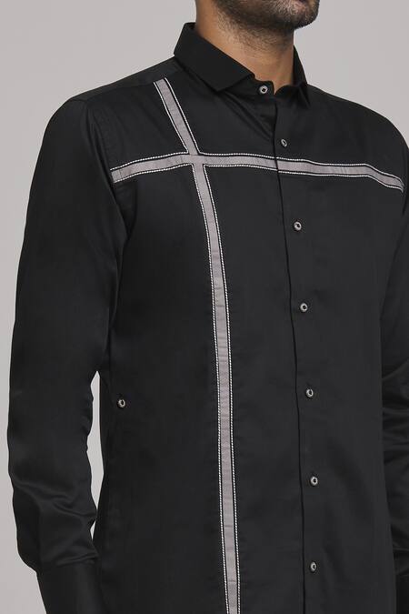 Arihant Rai Sinha Black Cotton Embroidery Geometric Pattern Shirt Online at Aza Fashions Arihant Rai Sinha_Black Cotton Embroidery Geometric Pattern Shirt_Online_at_Aza_Fashions