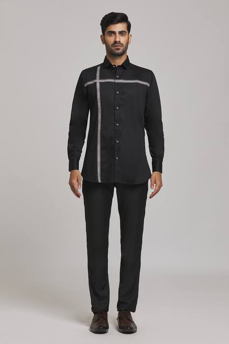 Arihant Rai Sinha Black Cotton Embroidery Geometric Pattern Shirt at Aza Fashions Arihant Rai Sinha_Black Cotton Embroidery Geometric Pattern Shirt_at_Aza_Fashions