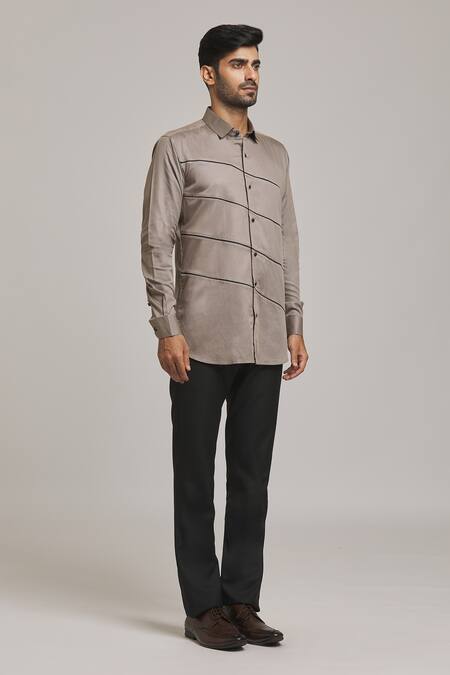 Arihant Rai Sinha Grey Cotton Diagonal Striped Shirt Online at Aza Fashions Arihant Rai Sinha_Grey Cotton Diagonal Striped Shirt_Online_at_Aza_Fashions